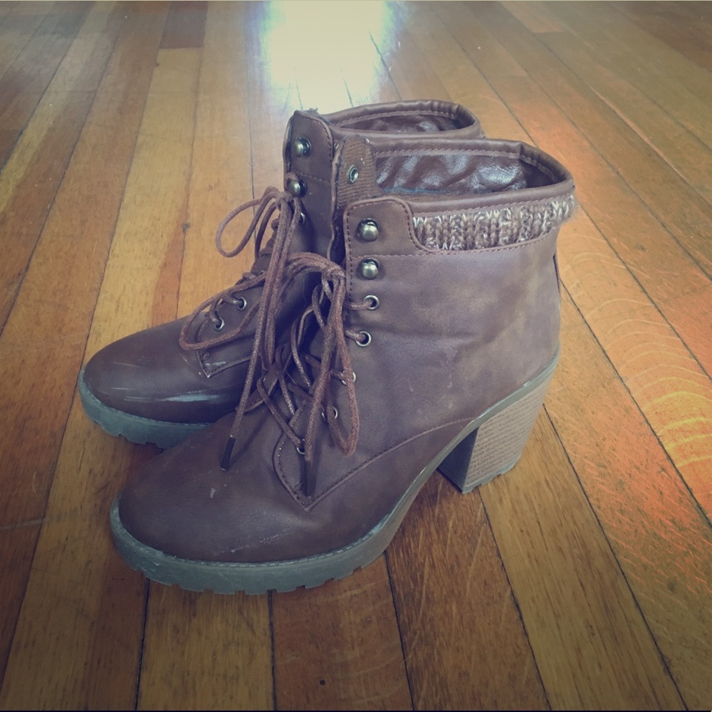 Brown heeled lace up booties
